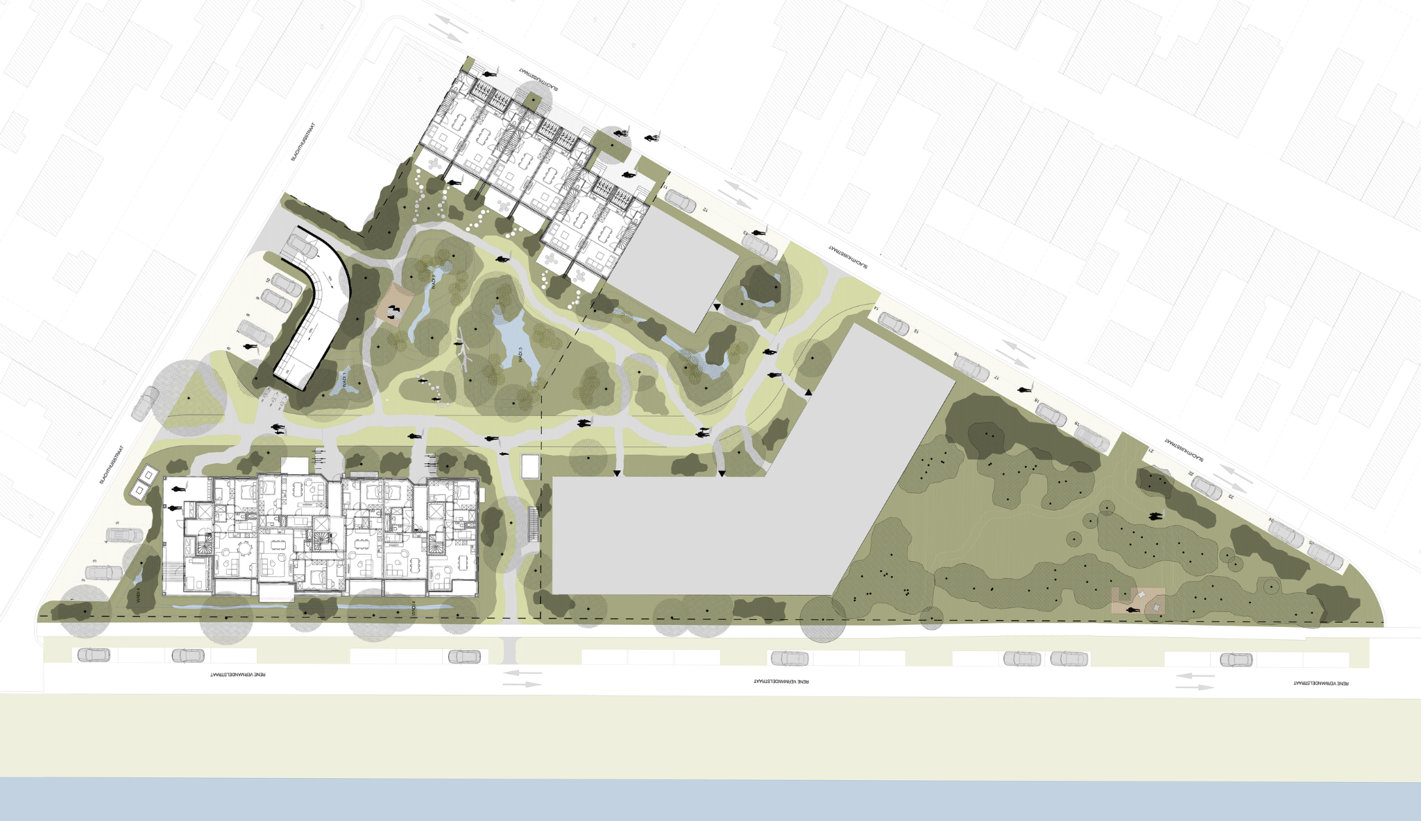 Indicatief inplantingsplan van het ontwikkelingsgebied van Residentie Waterkant